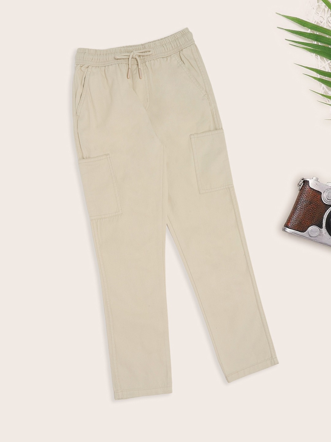 Beige Solid Drawstring Pants