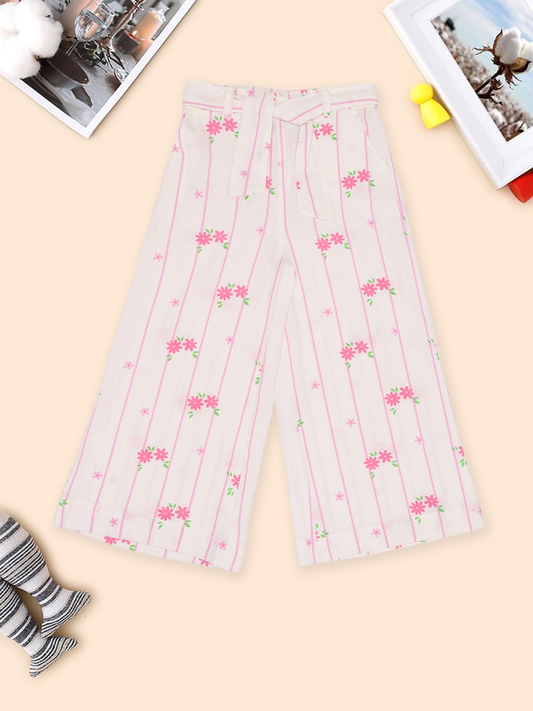 Off-White Floral Print Flared Pants with Tie-up Waistbelt