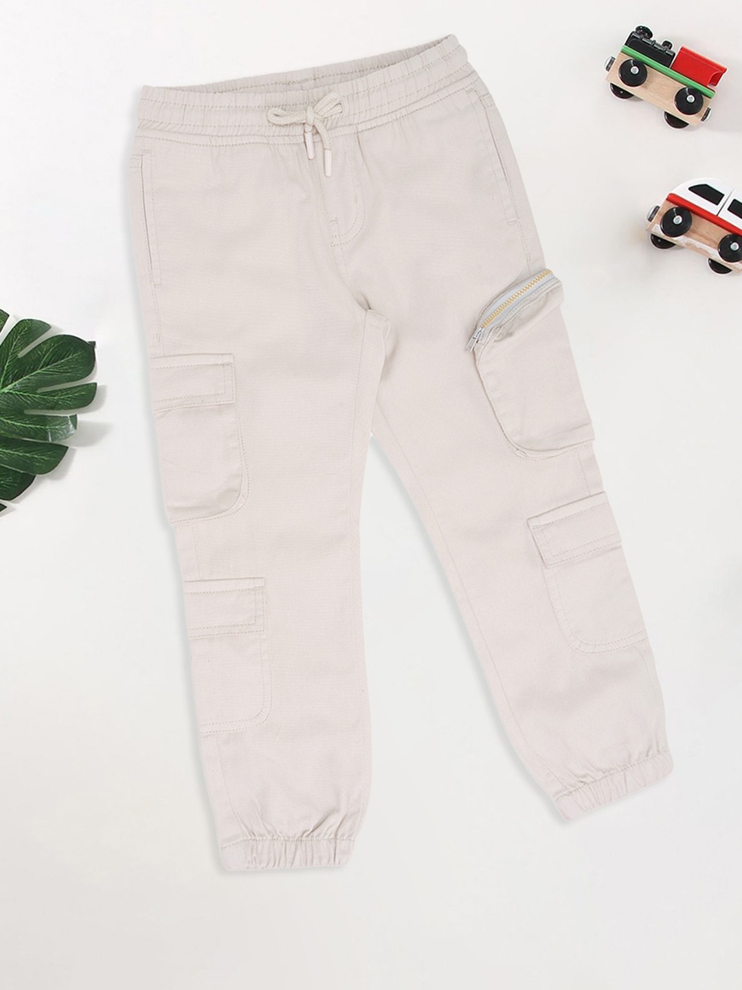 Beige Solid Cargo Joggers
