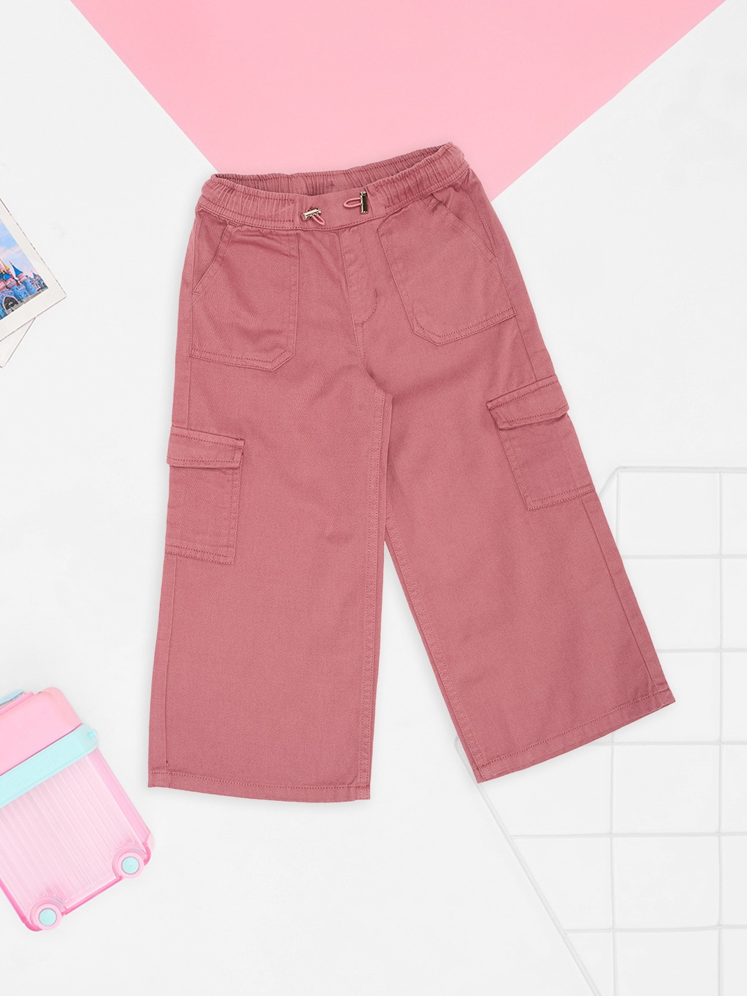 Mauve Twill Wide-Leg Cargo Pants