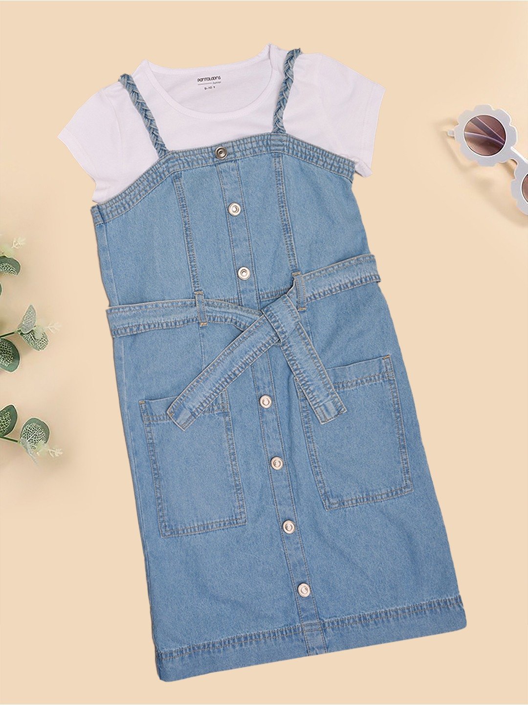 Blue Washed Denim Dungarees with Waist Tie & Lilac T-Shirt Set