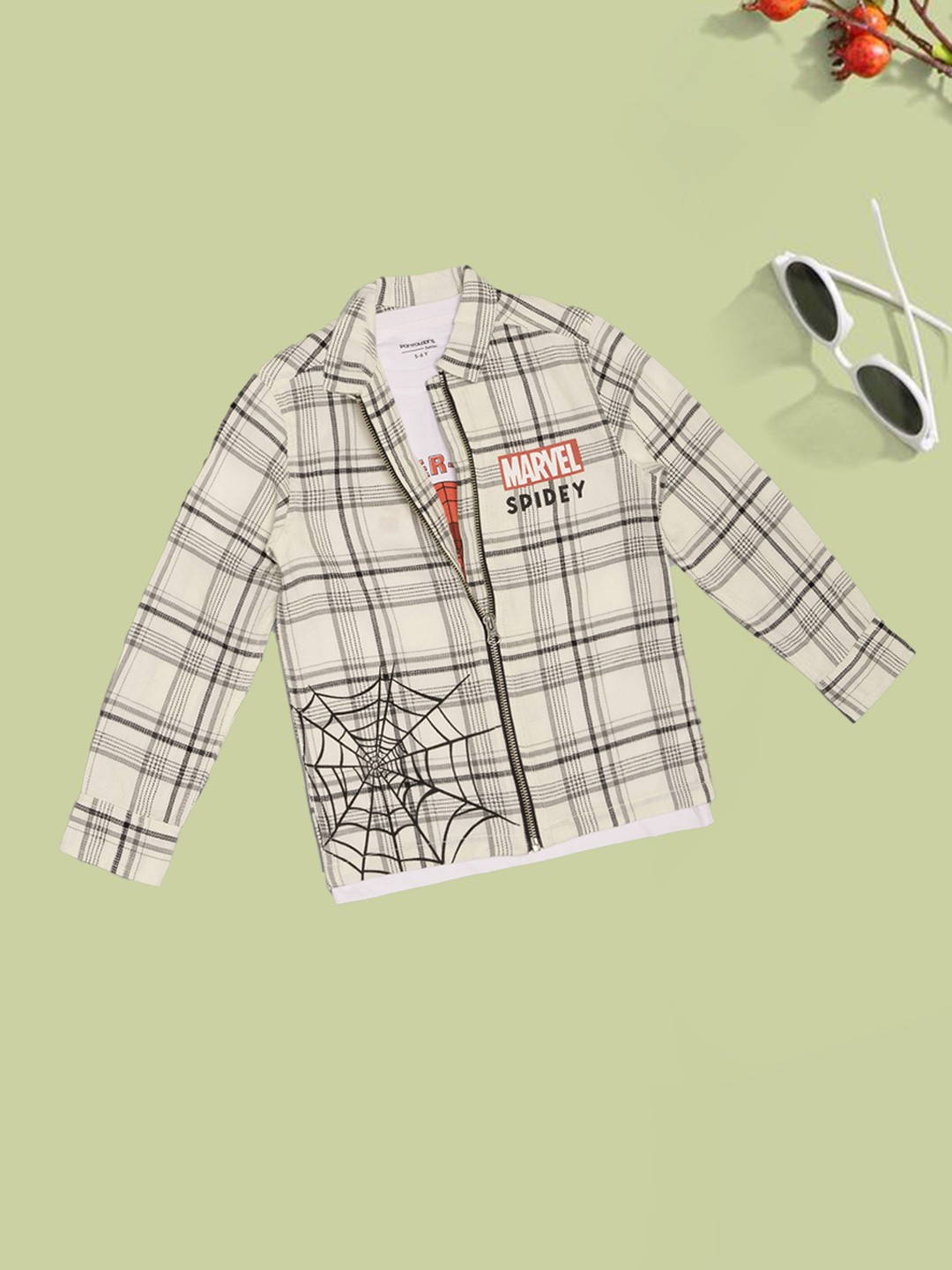 Cream Spider-Man Check Zipper Jacket & Half Sleeve T-Shirt Combo