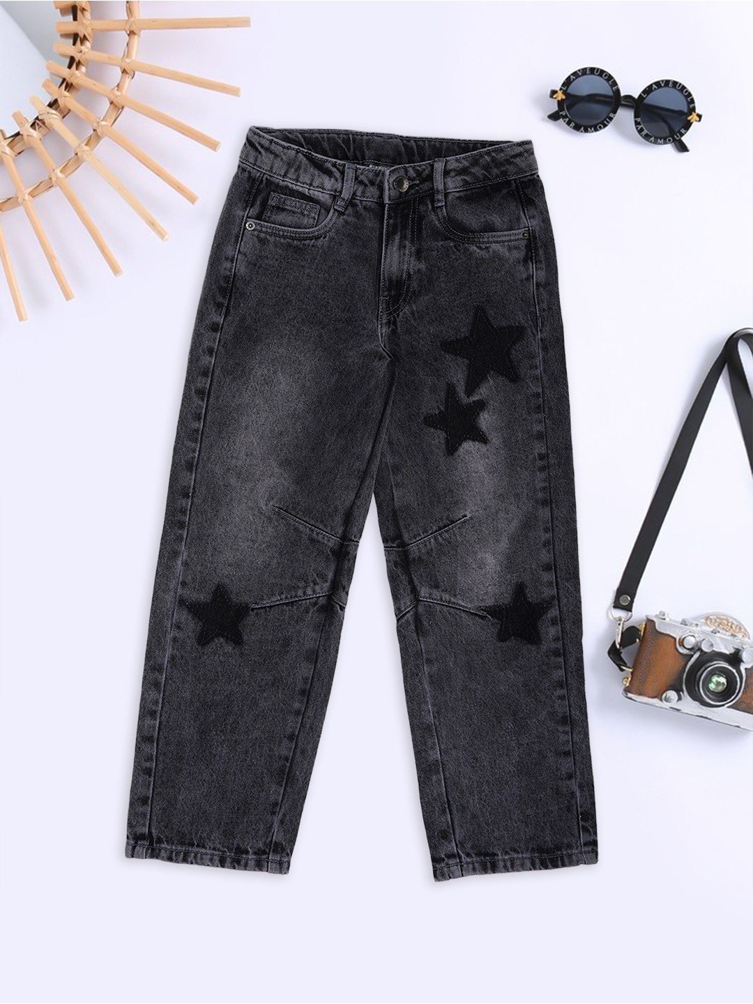 Black Acid Wash Barrel Fit Jeans