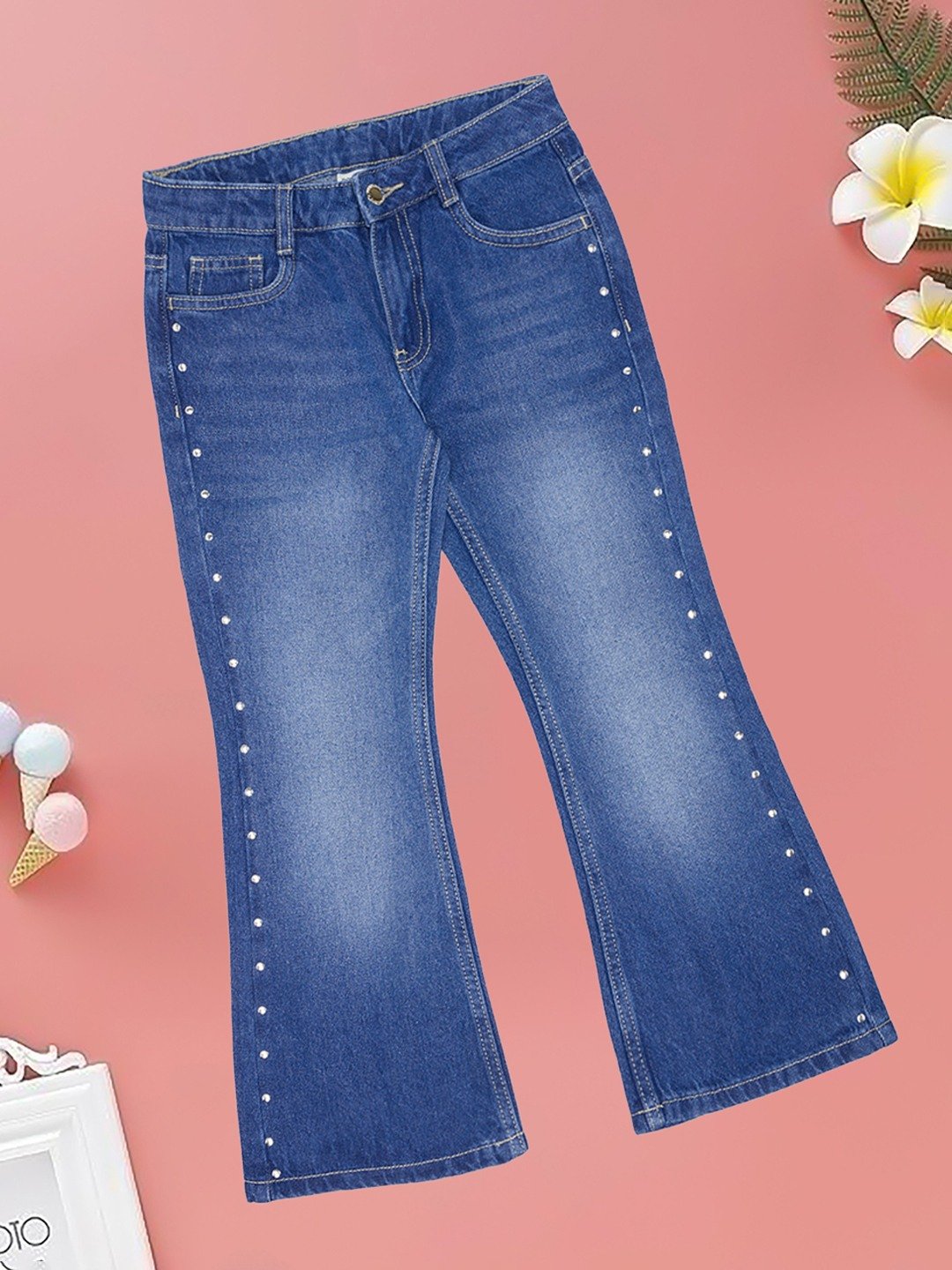 Blue Bell Bottom Jeans with Side Stud Detail