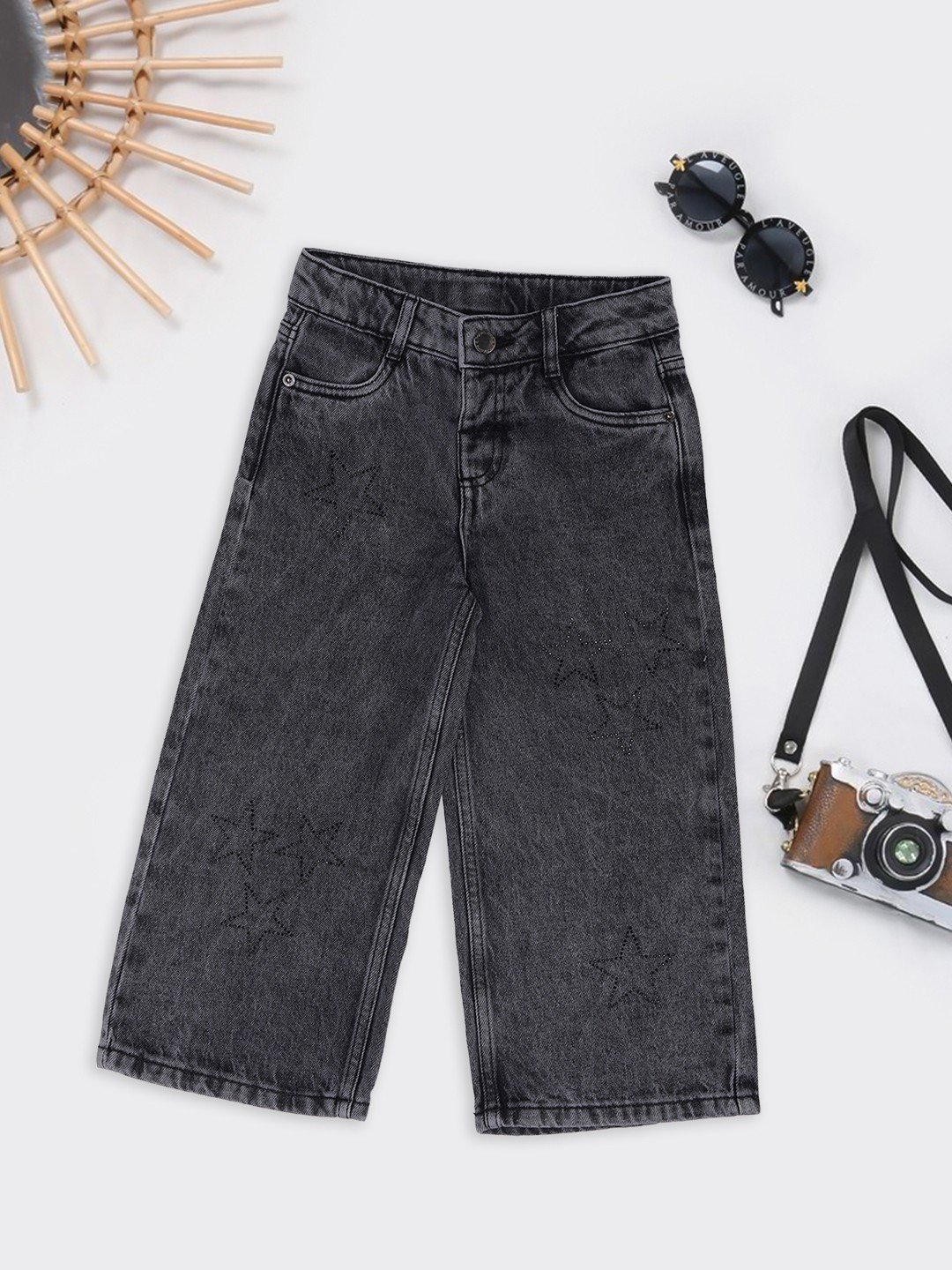 Black Acid Wash Wide Leg Jeans with Starry Print