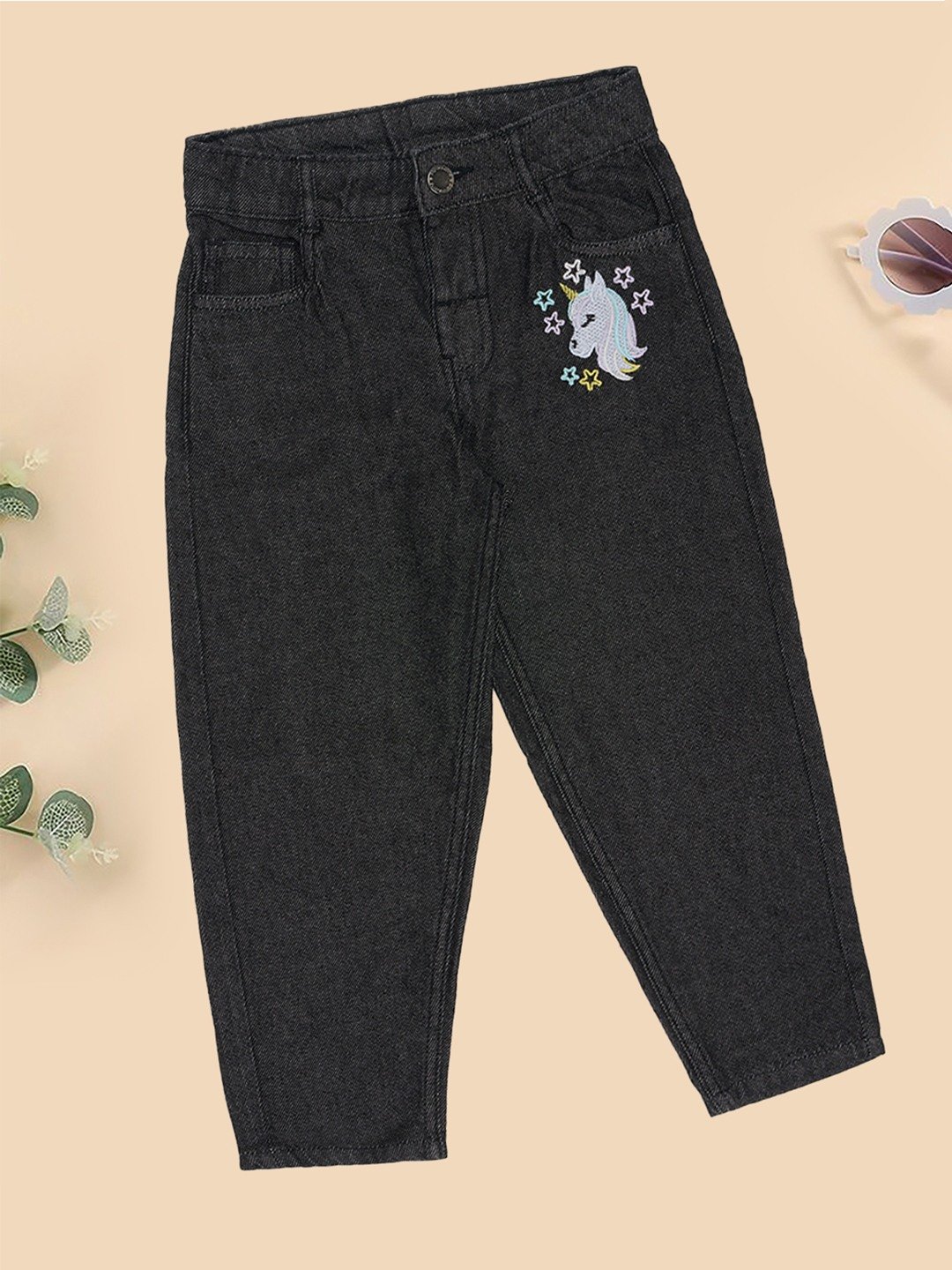 Black Rinse Barrel Fit Jeans with Unicorn Embroidery