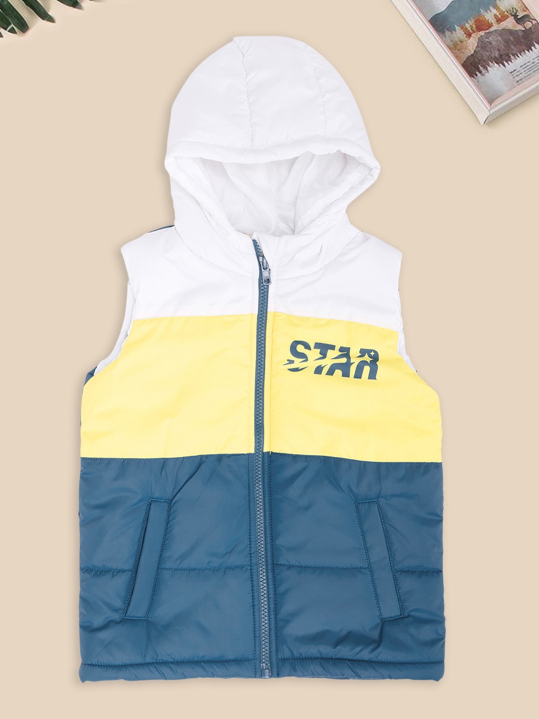 Multicoloured Colour Block Hoodie Puffer Vest