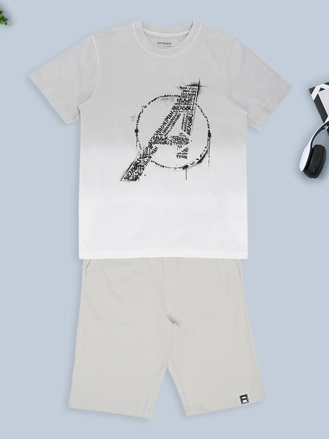 Grey Dip Dye Marvel Avengers Print T-Shirt & Solid Shorts Combo Set