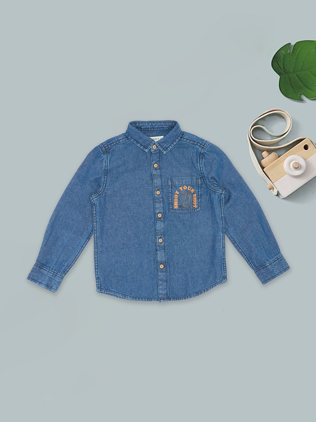 Blue Denim Shirt with Printed Chest Pocket