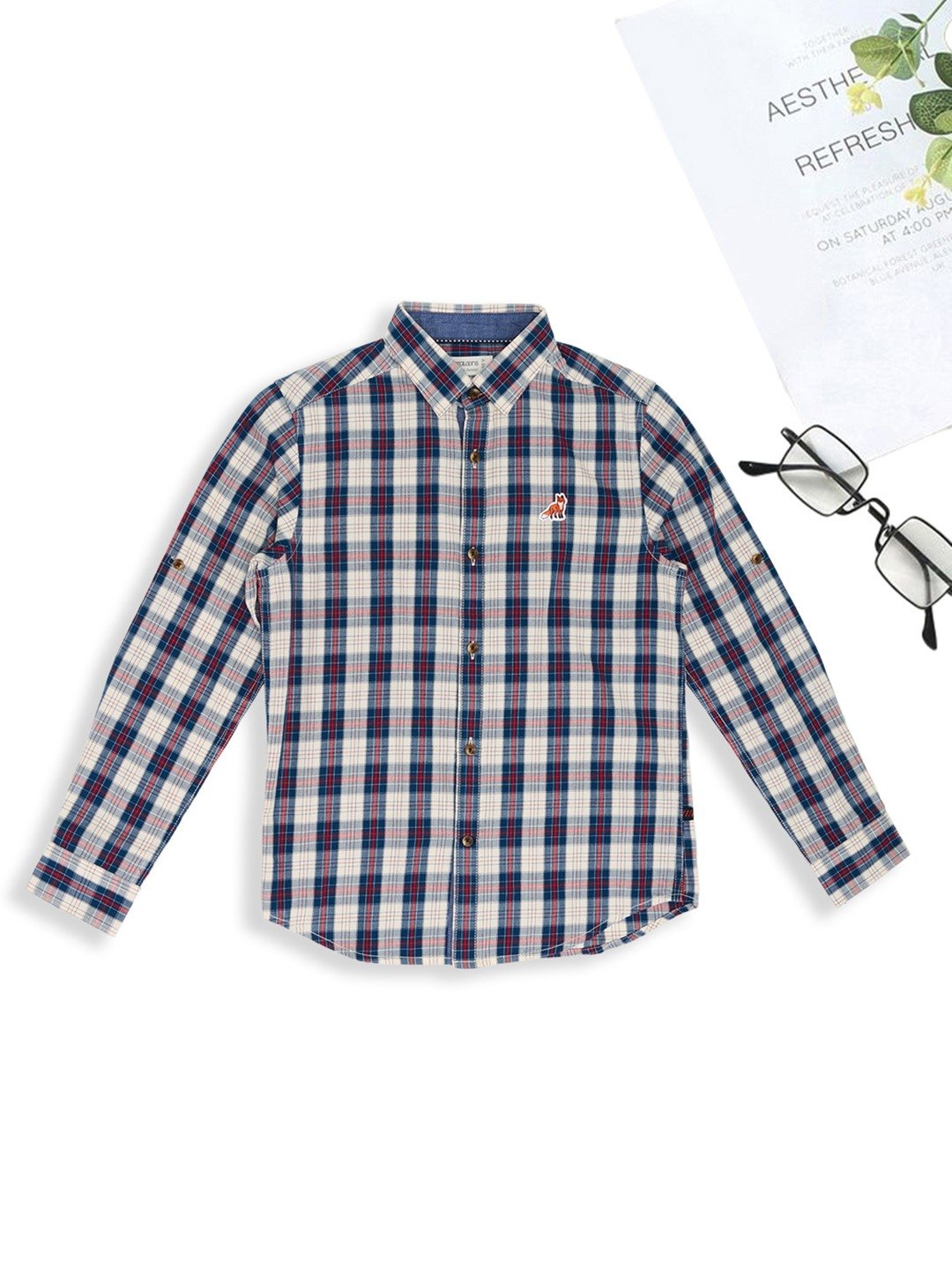 Navy Check Button-Up Shirt with Turn-Up Sleeve