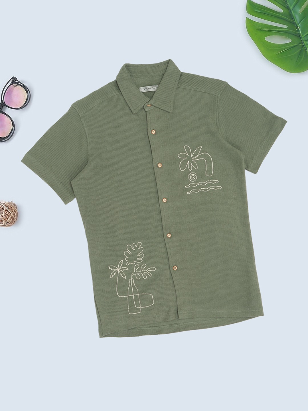 Olive Embroidered Half Sleeve Shirt