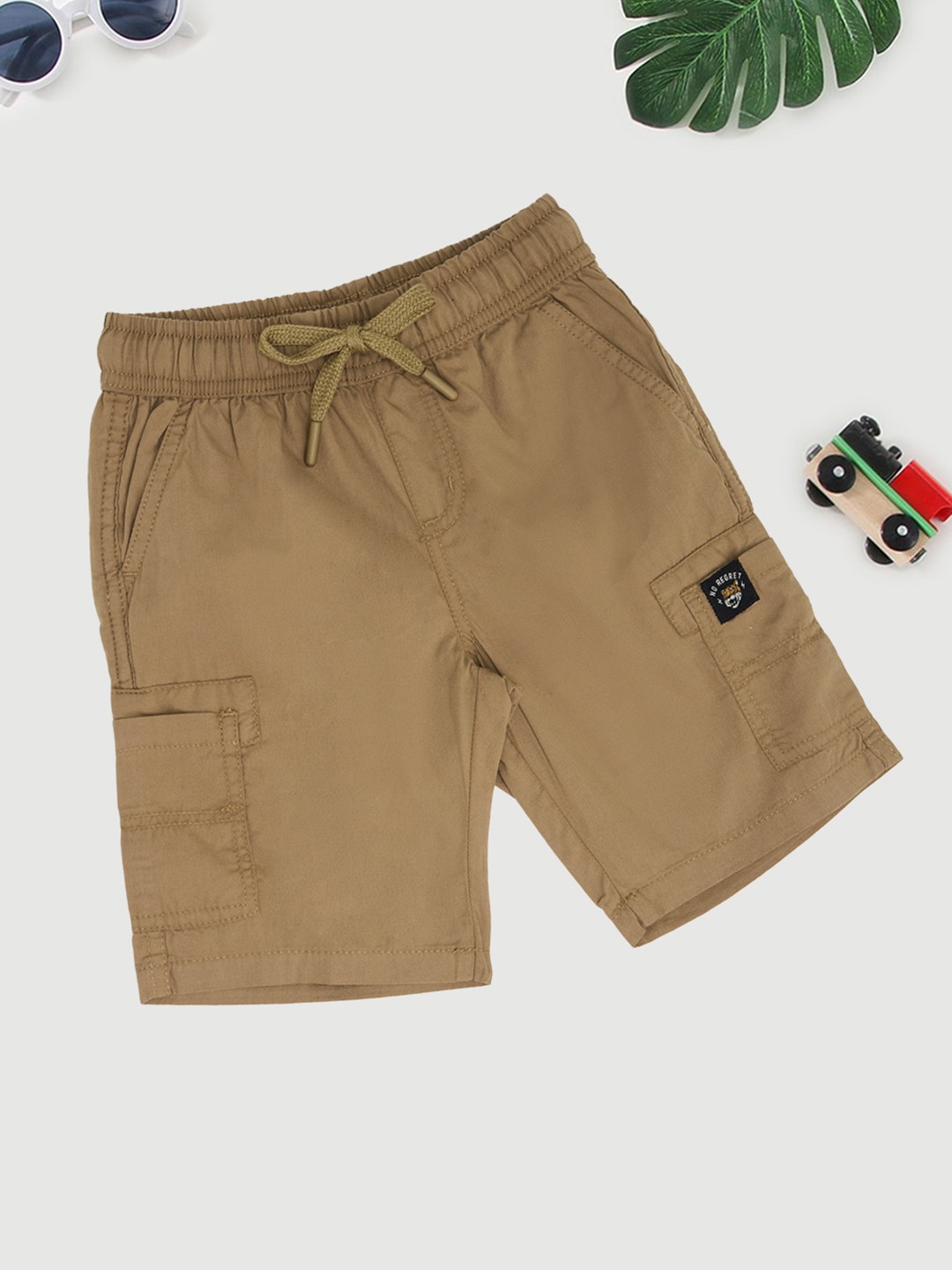 Brown Solid Cargo Drawstring Shorts