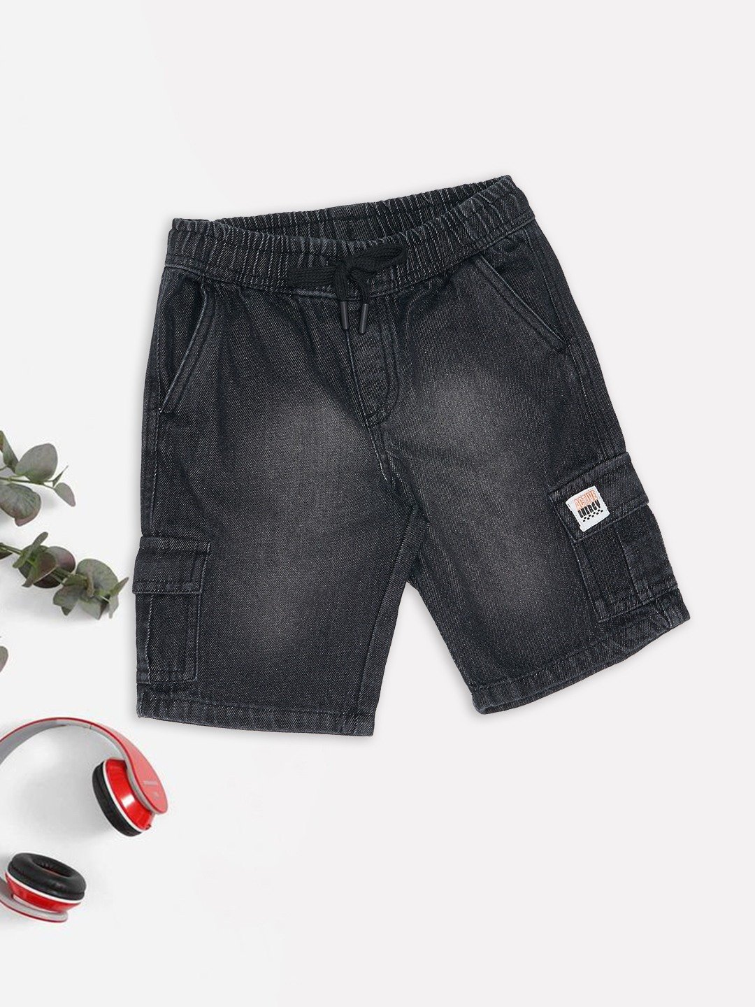 Charcoal Faded Denim Drawstring Shorts