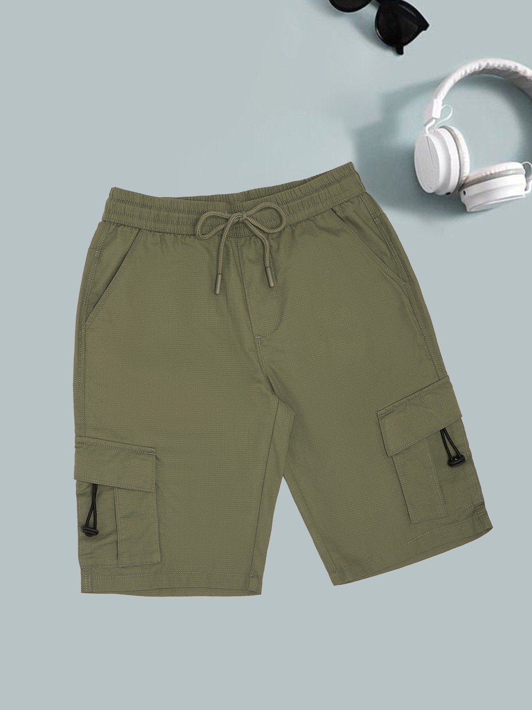 Olive Ripstop Utility Cargo Shorts with Drawstrings