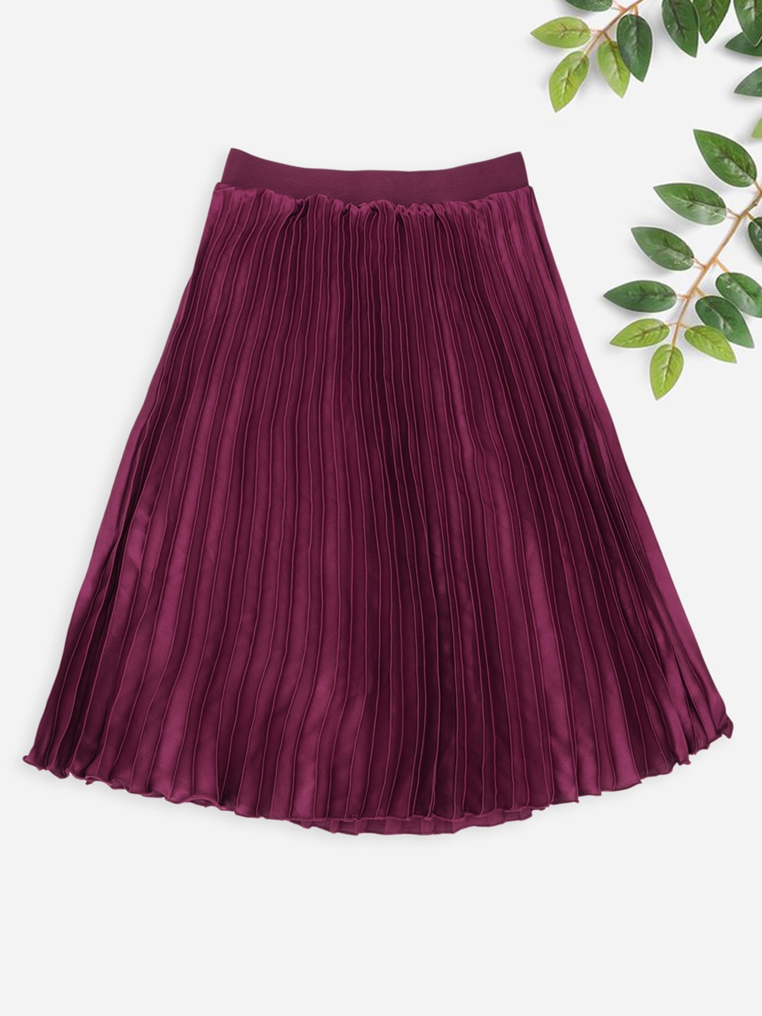 Maroon Pleated A-line Satin Skirt