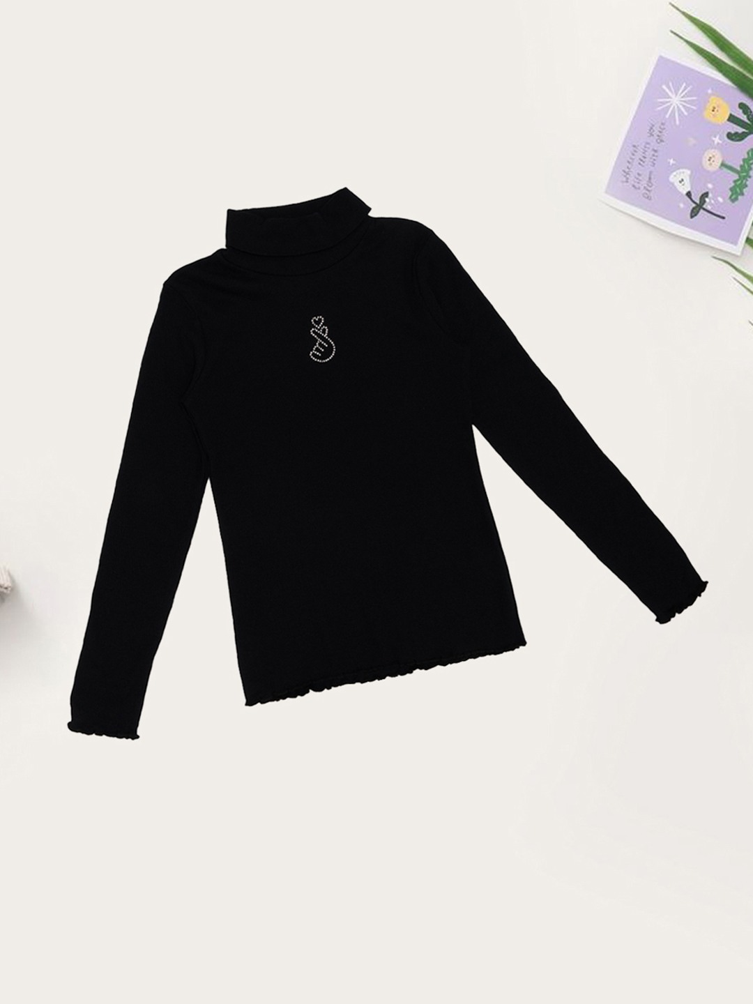 Black Solid Turtleneck Minimal Print Sweatshirt