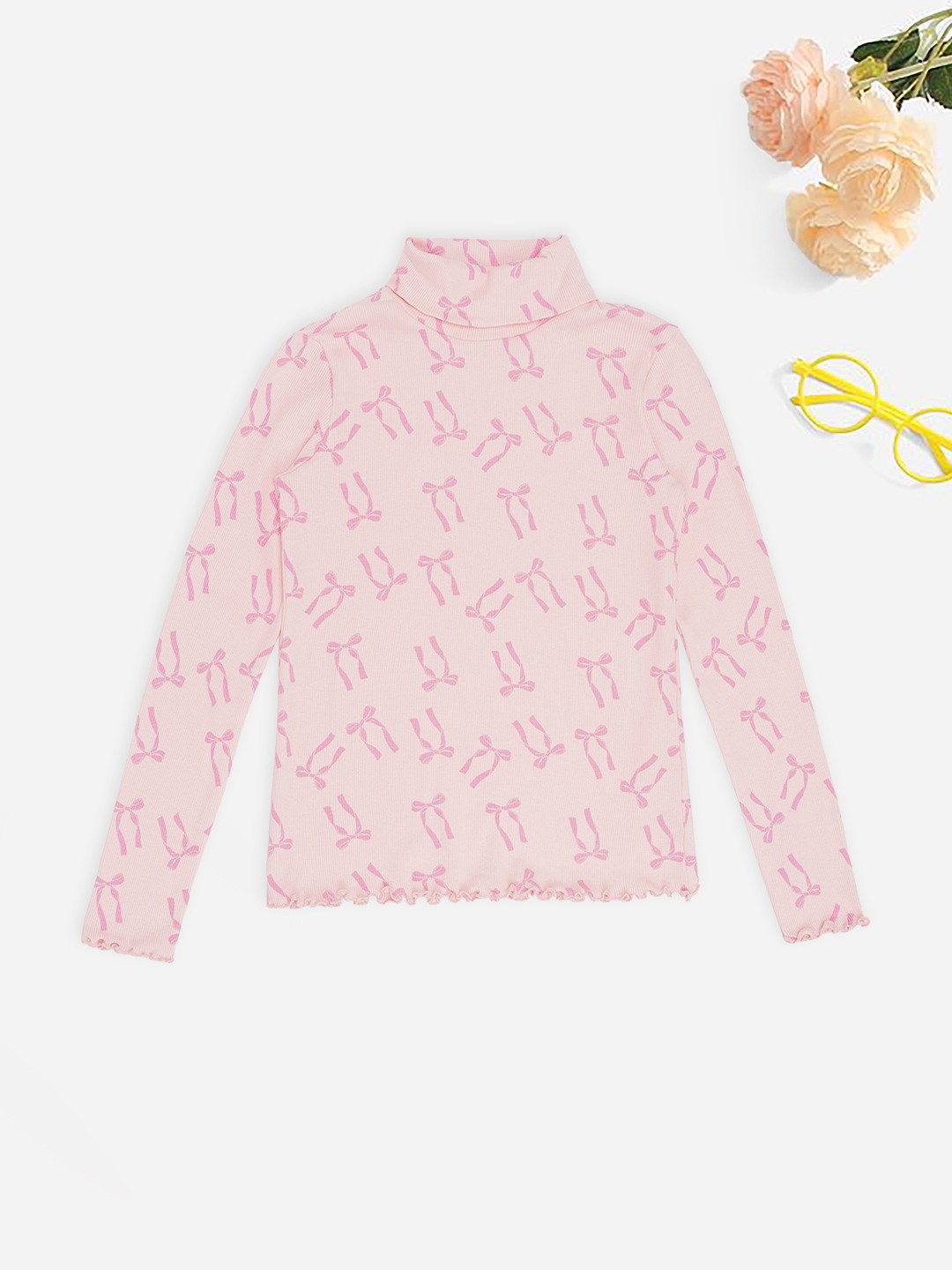 Pink Bow Print Turtleneck  Sweatshirt