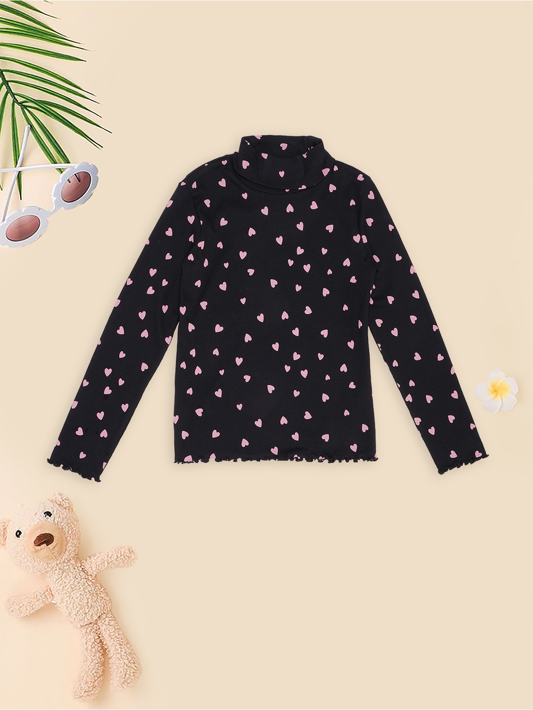 Black Hearts Print Turtleneck  Sweatshirt