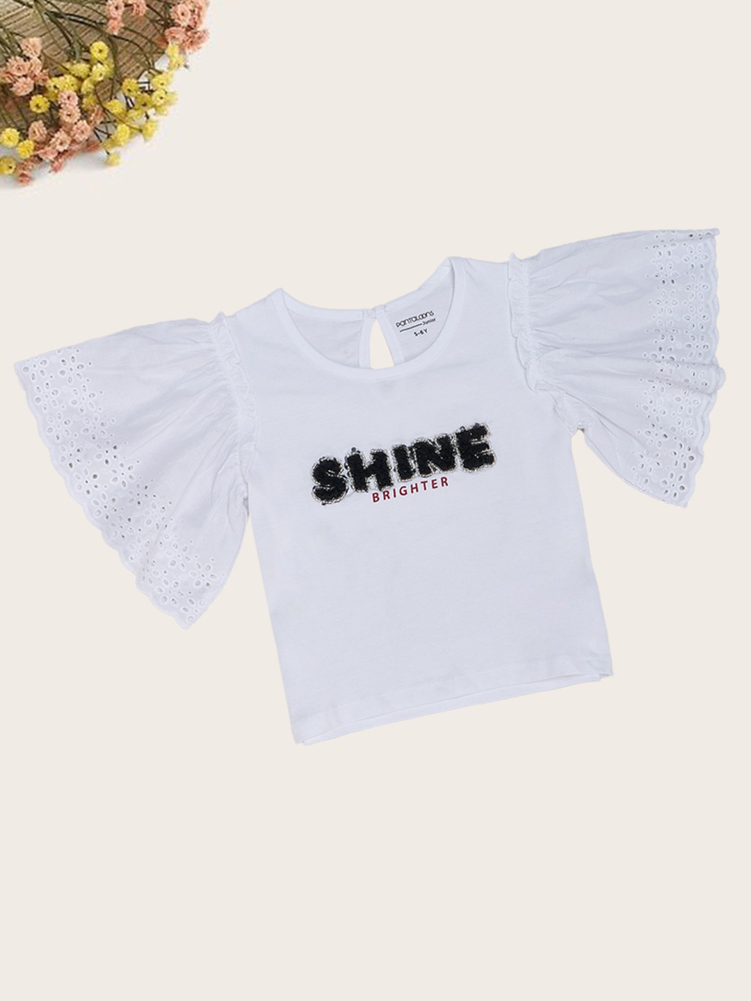 White Typographic Print Top with Flared Cut-work Sleeves