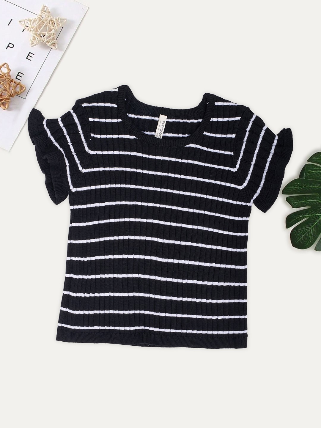 Black Striped Rib-Knit Top