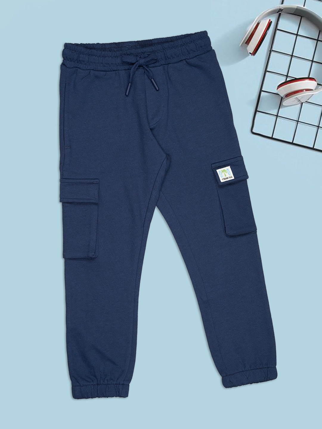 Blue Solid Cargo Joggers