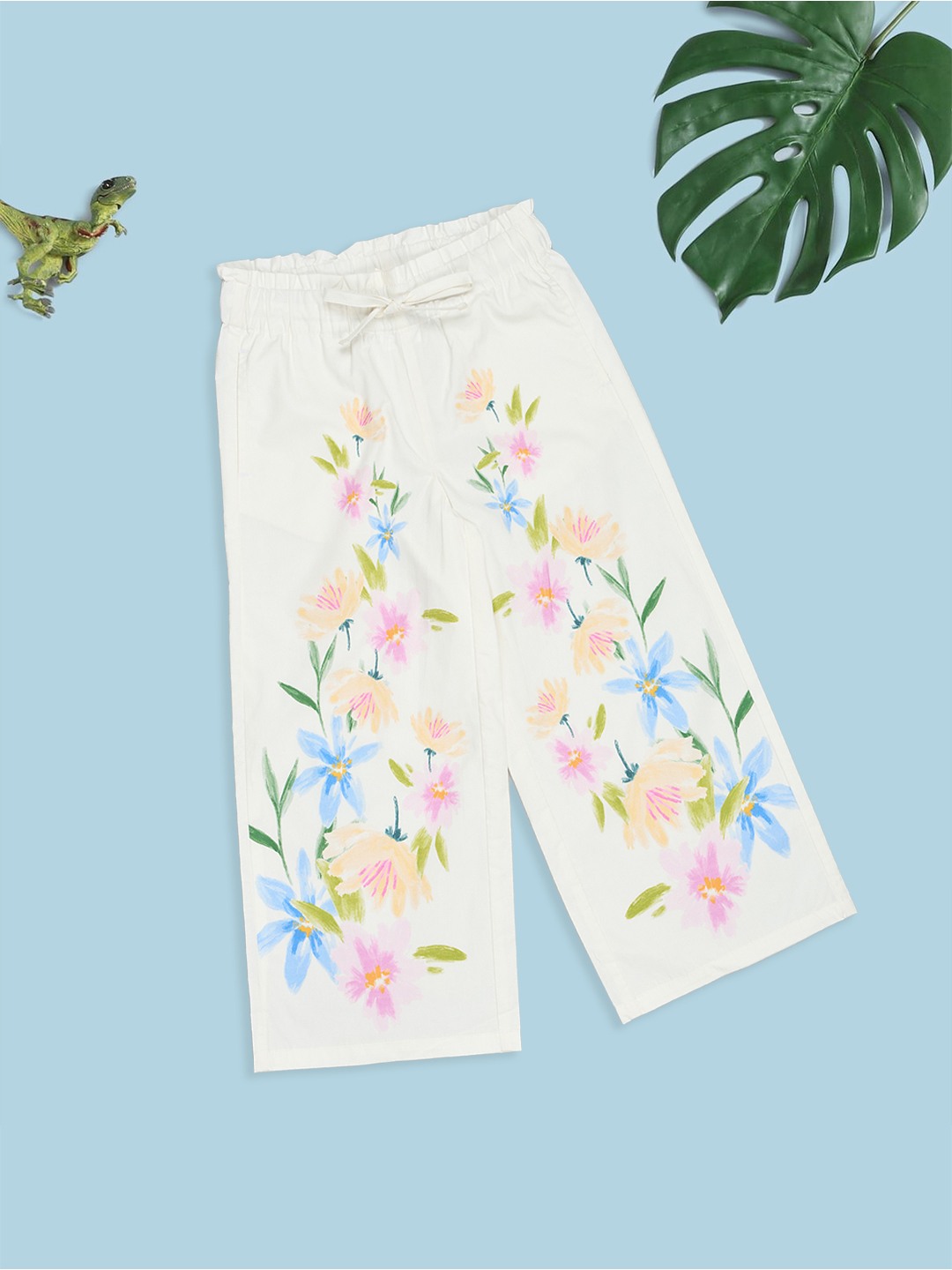 Ivory Floral Print Paperbag Waist Pants