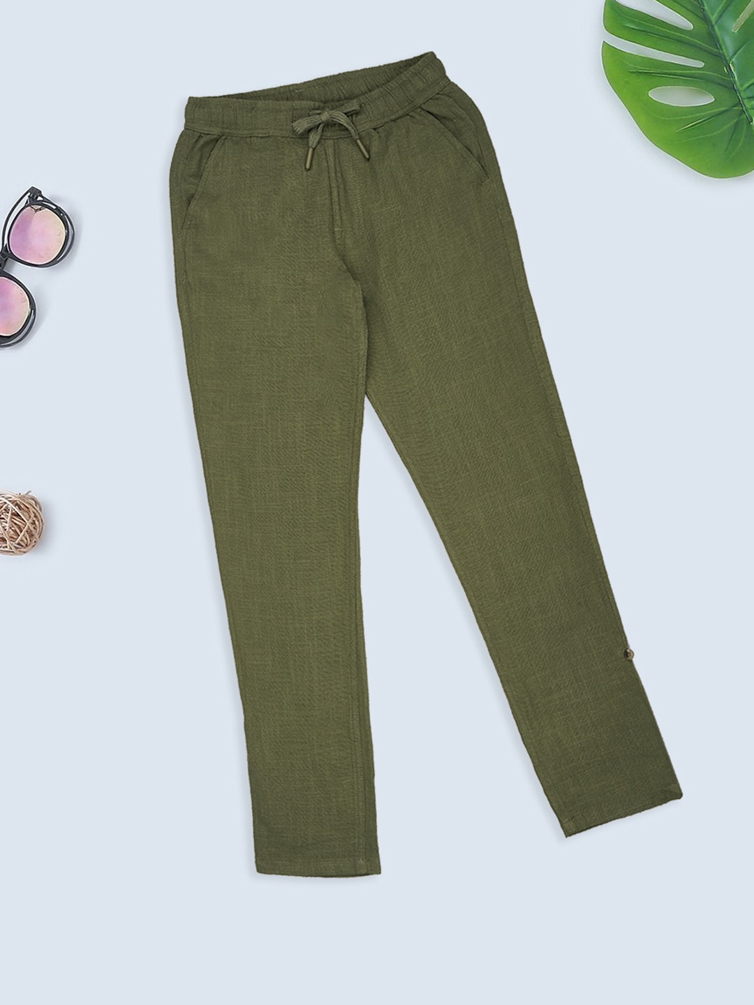 Olive Slub Drawstring Pants