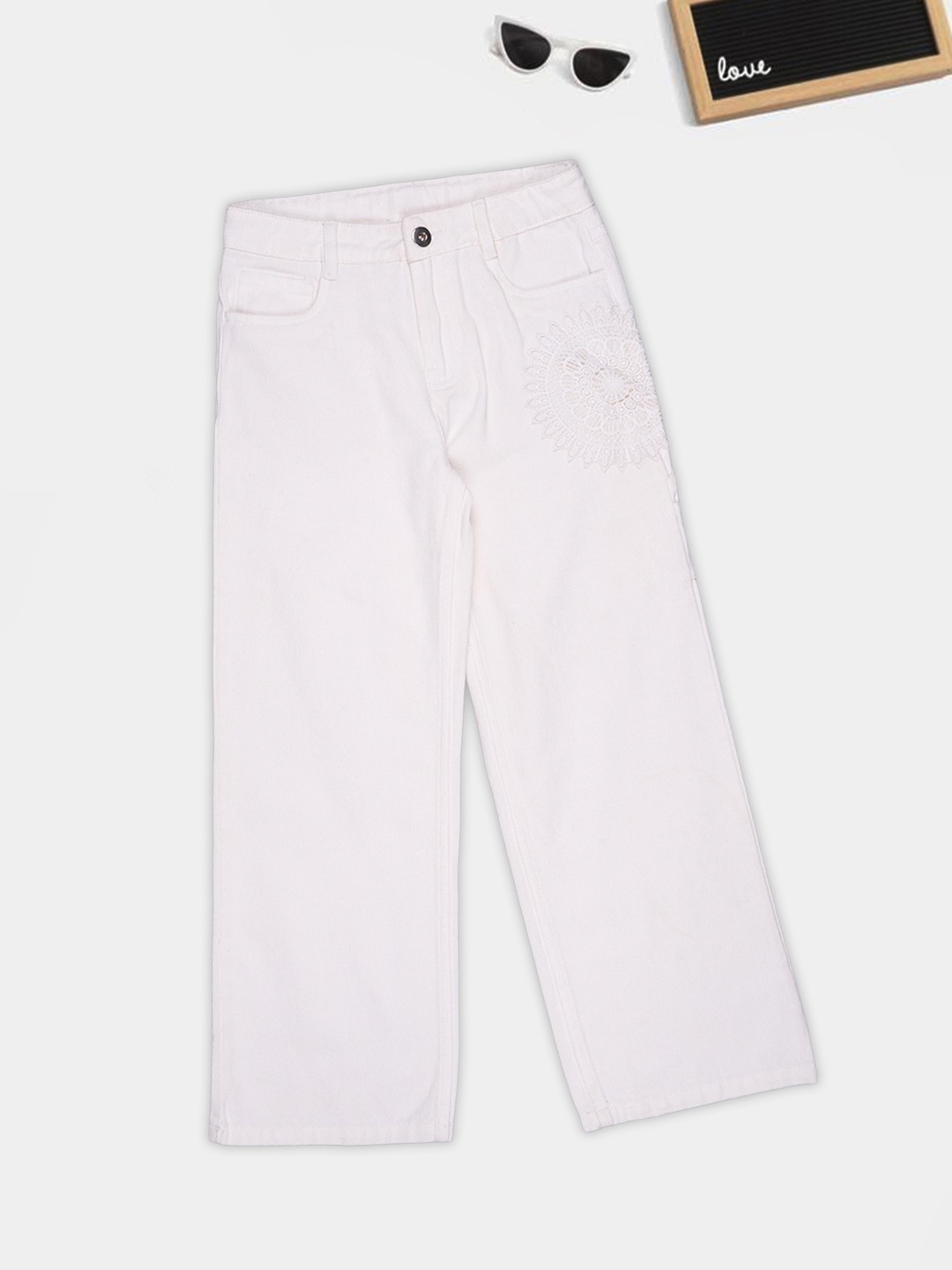 White Appliqué Wide-Leg Jeans