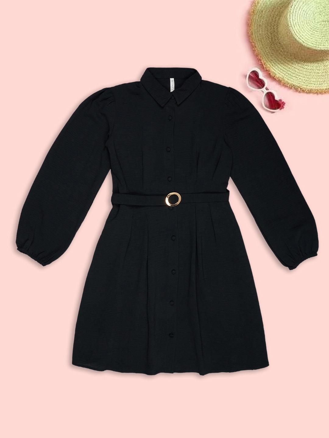 Black Pleat Detail Textured Belted Shirt Dress