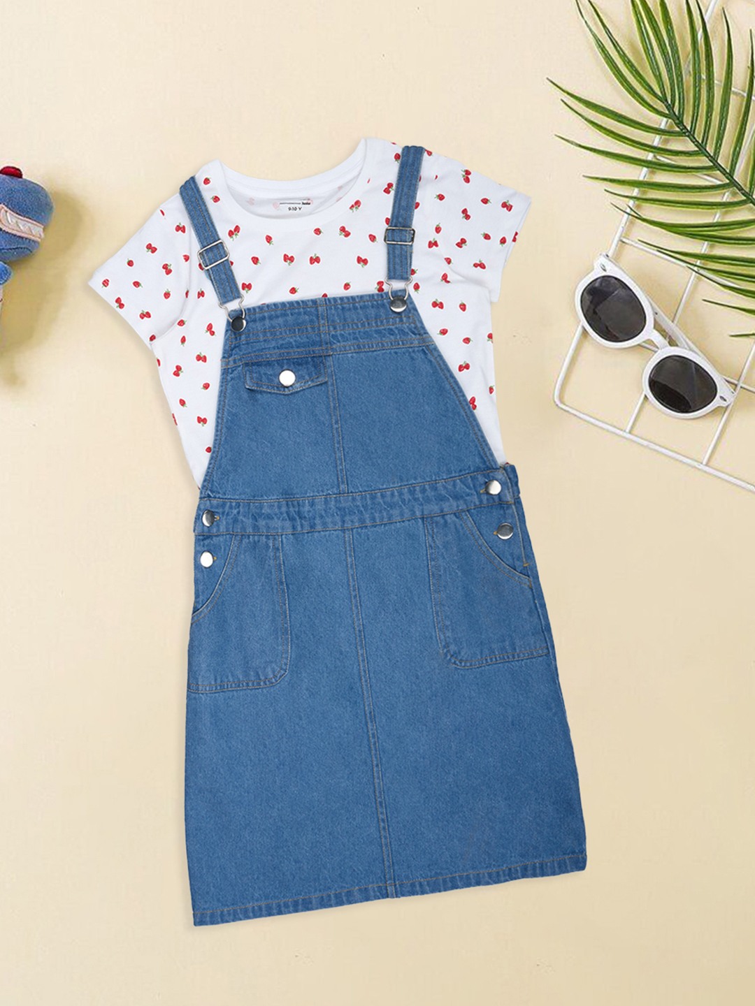 Blue Denim Pinafore Dress & Strawberry Print T-Shirt Set