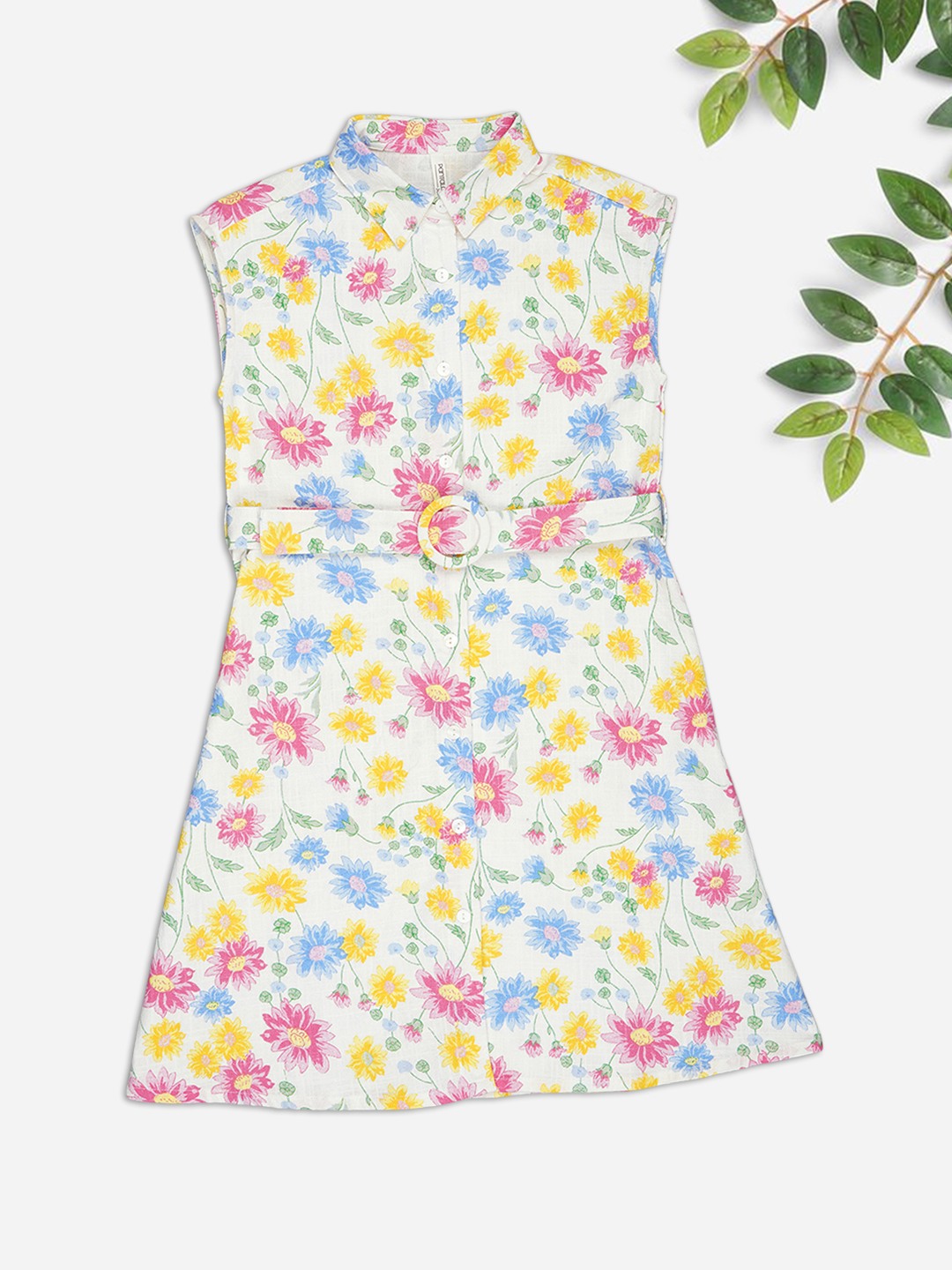 Off-White Floral Print Sleeveless Shirt Dress