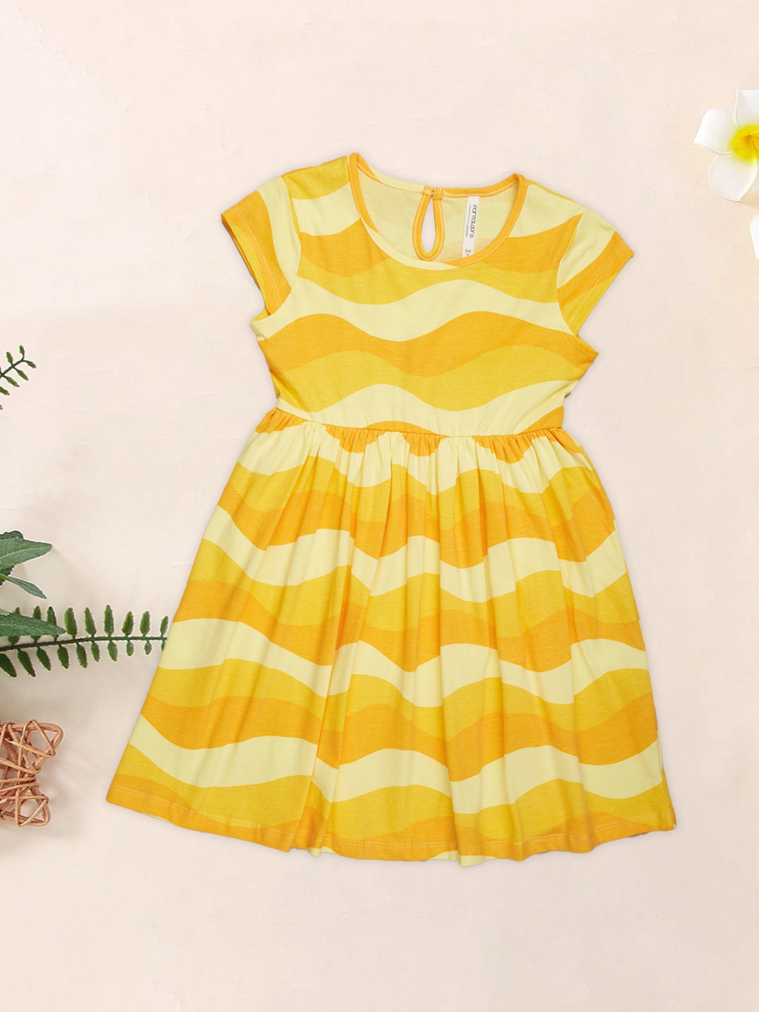 Yellow Wave Print Fit & Flare Dress
