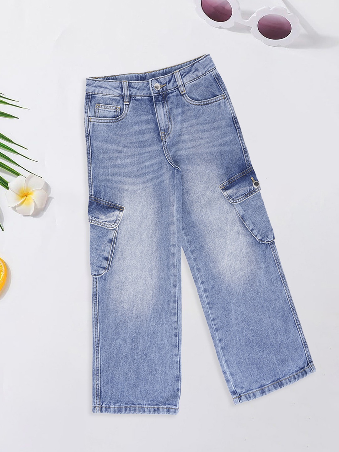 Blue Faded Wide Leg Cargo Jeans