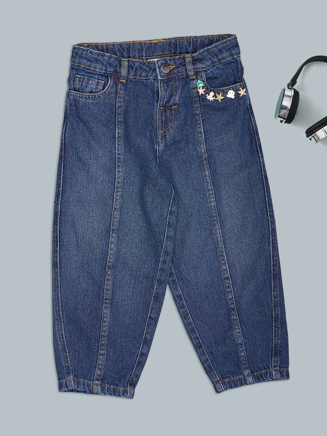 Blue Washed Barrel Fit Jeans with Aquatic Charms
