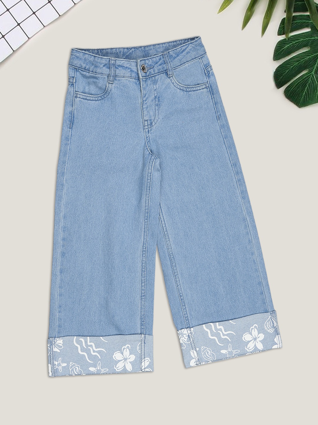 Light Blue Printed Cuff Wide Leg Jeans