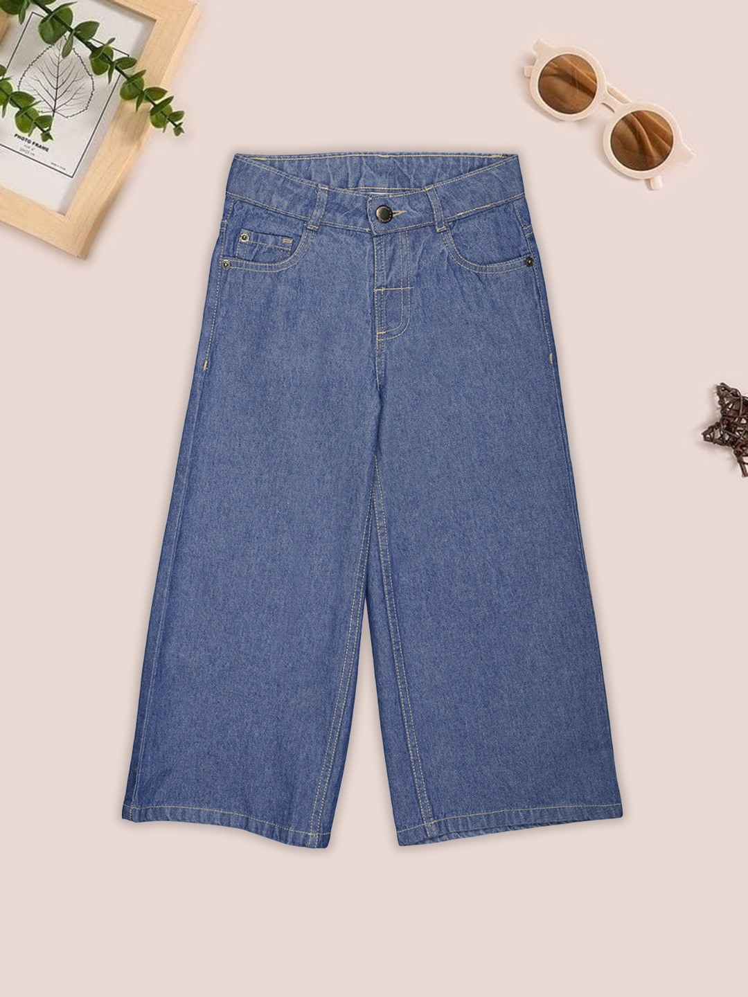 Blue Mid-Wash Wide Leg Jeans