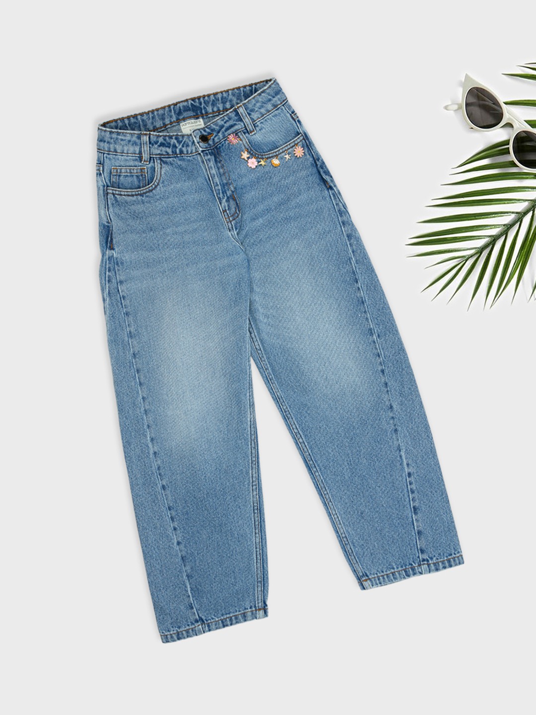 Light Blue Charm Embellished Barrel Fit Jeans