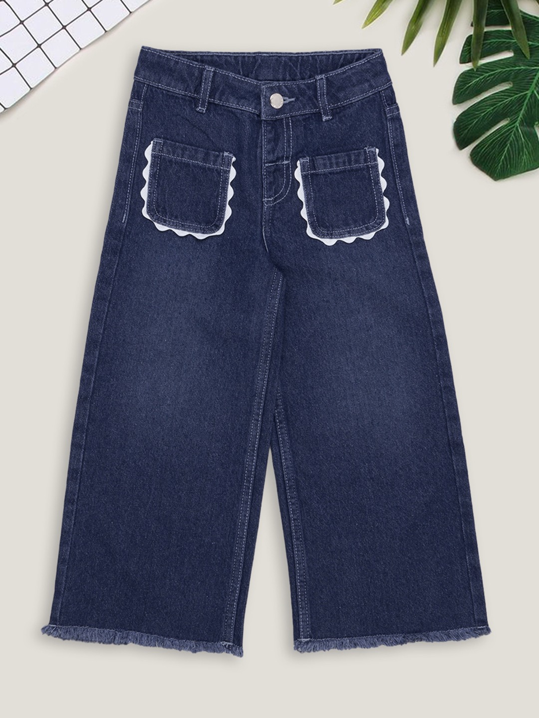 Blue Scallop Pocket Wide Leg Jeans