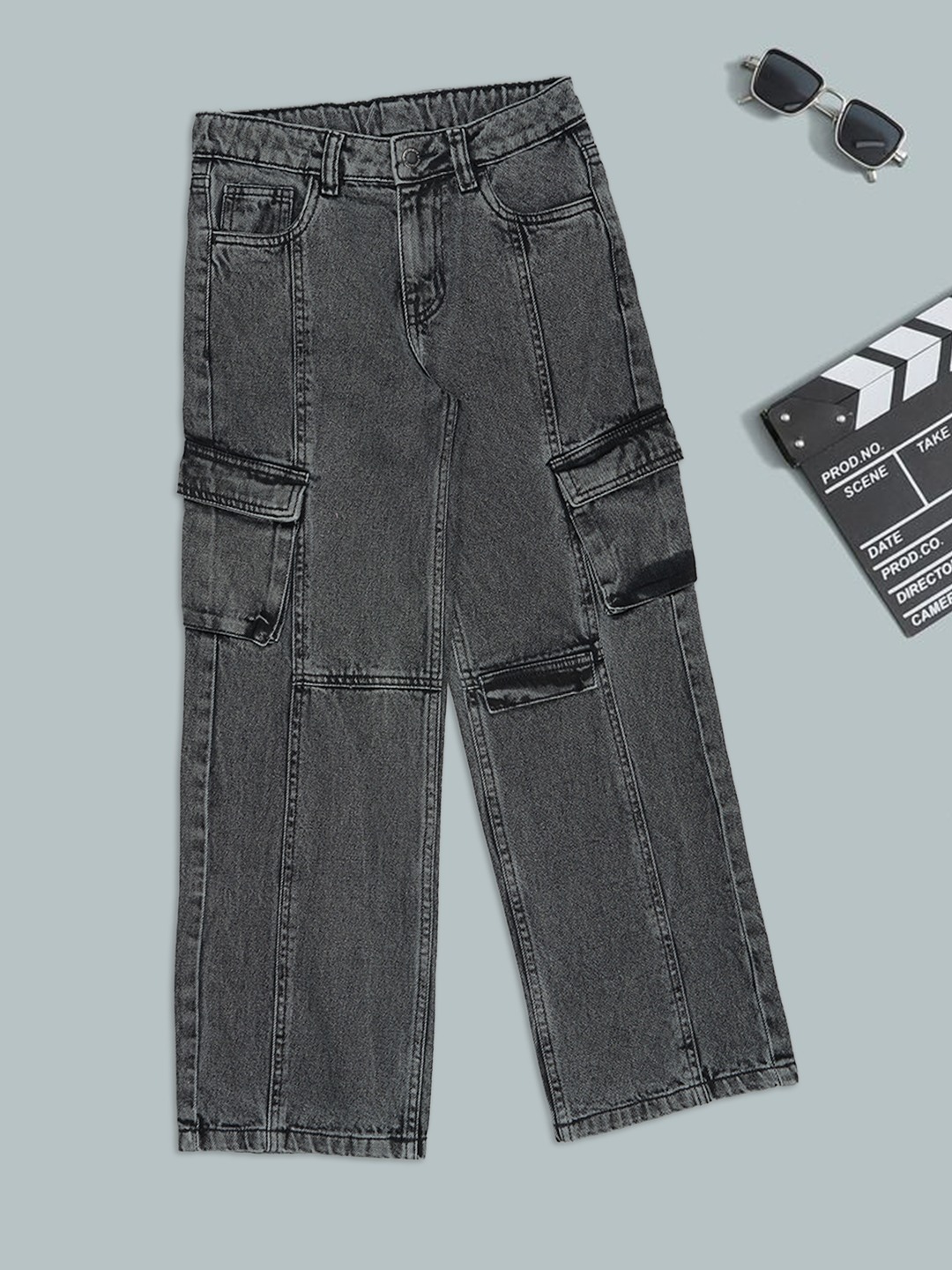 Black Stone-Washed Cargo Jeans