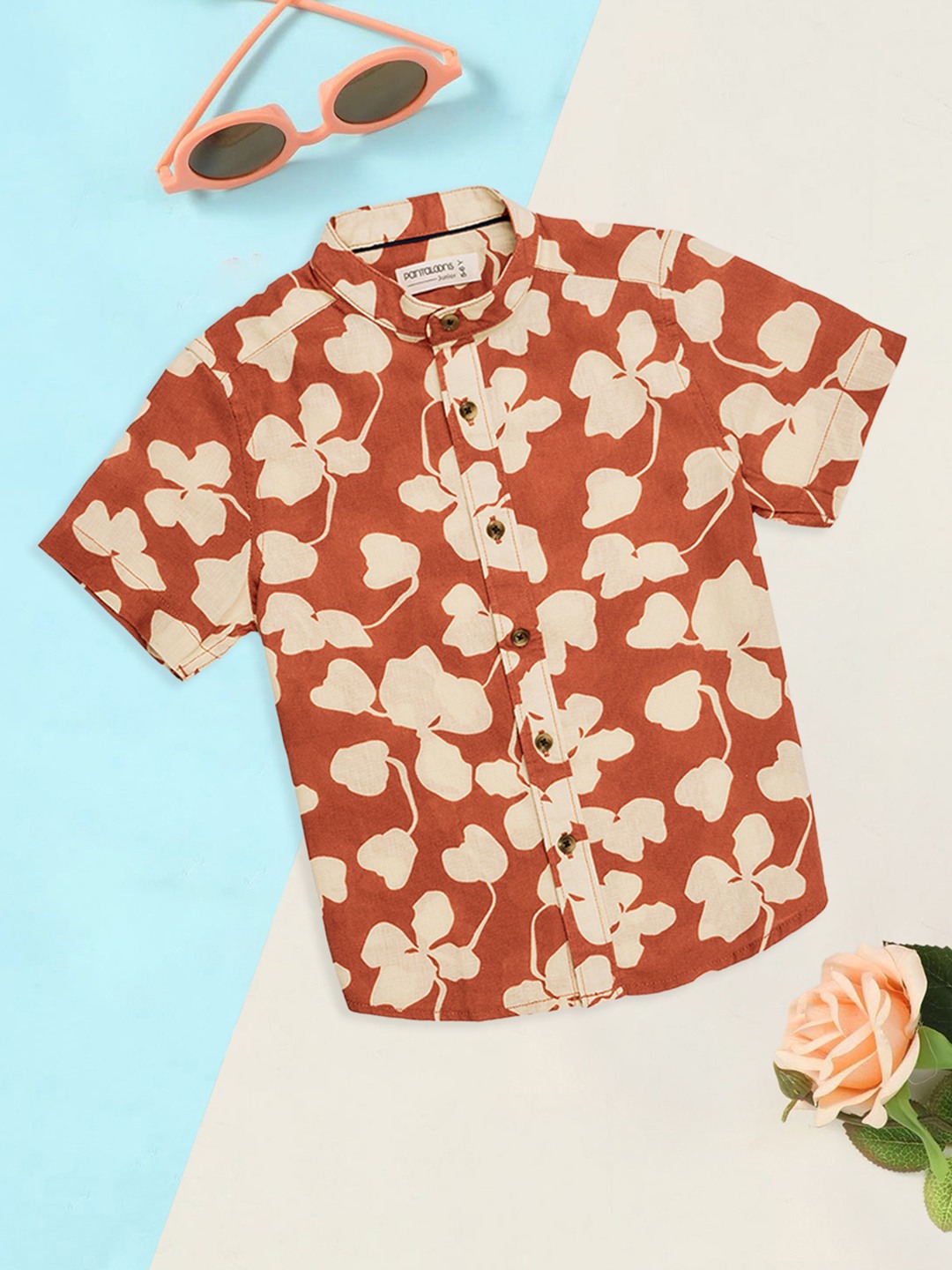 Rust Floral Print Mandarin Collar Shirt