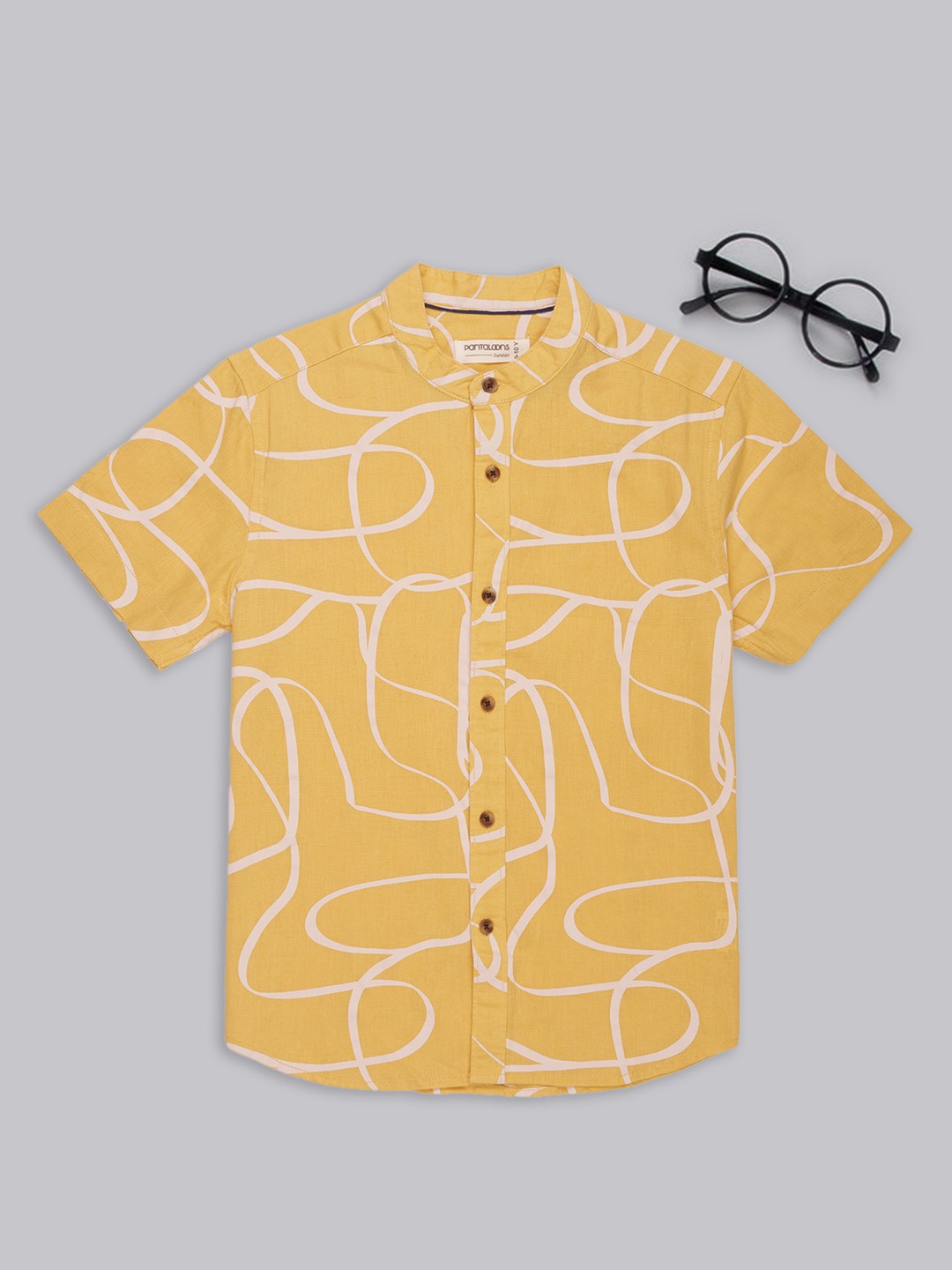 Yellow Line Print Mandarin Collar Shirt