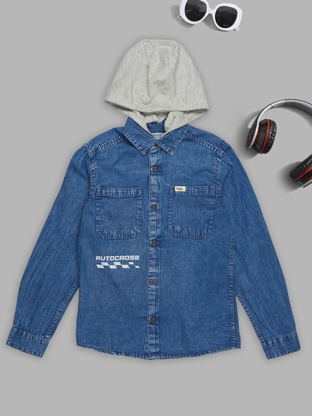 Blue Washed Denim Shirt with Detachable Hood