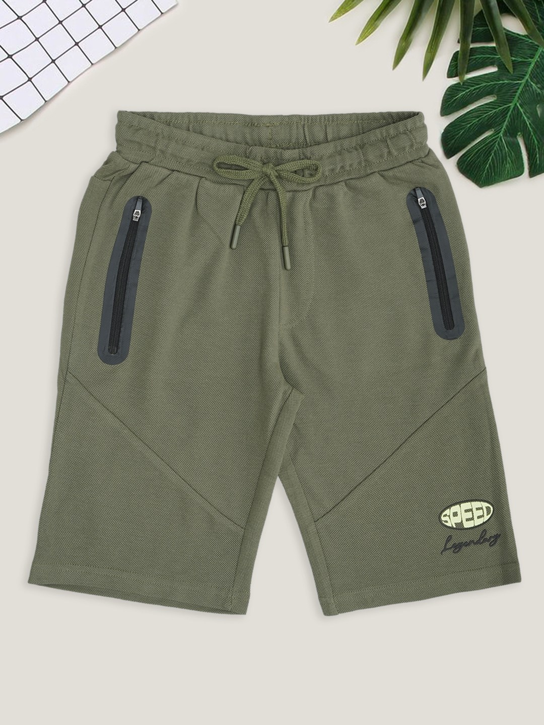 Olive Panelled Graphic Shorts