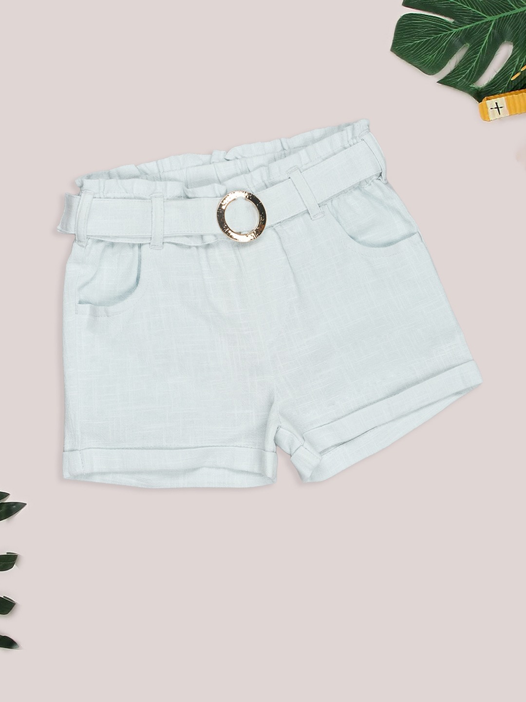 Light Blue Slub Belted Paperbag Shorts