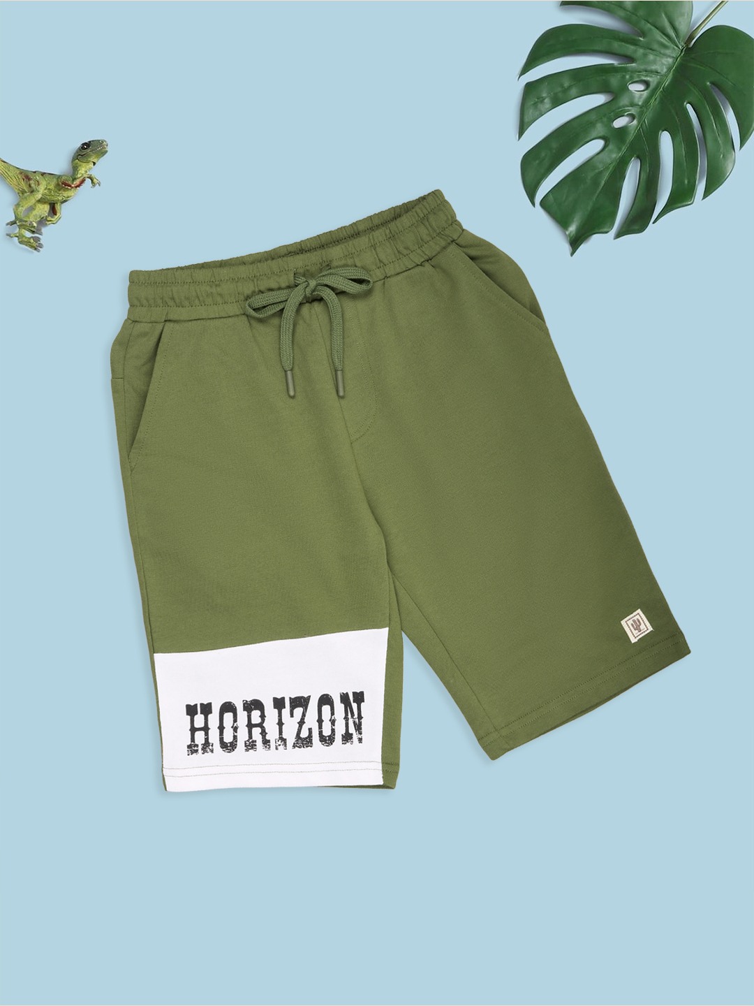 Olive Graphic Panel Drawstring Shorts