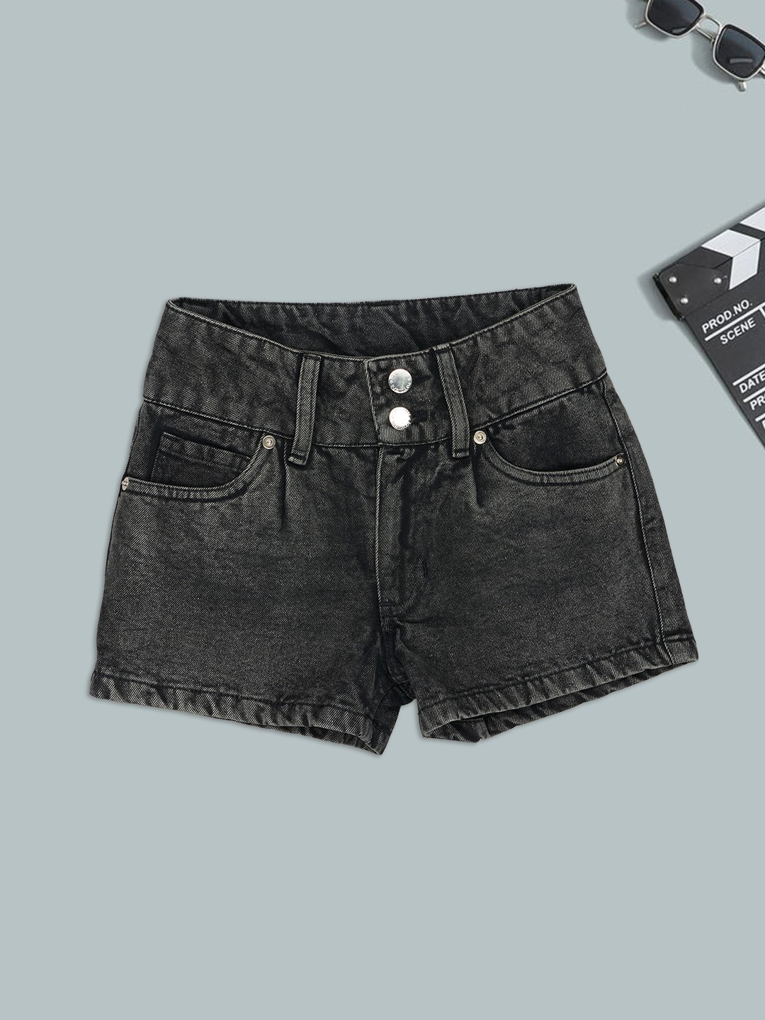 Charcoal Double Button Denim Shorts