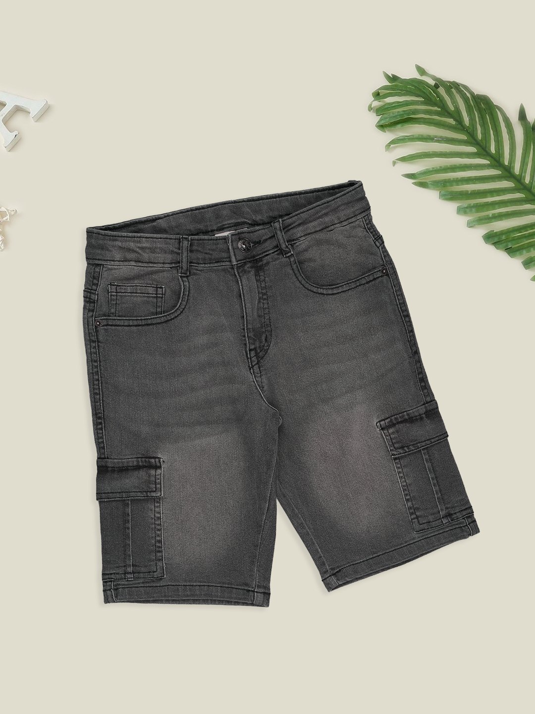 Grey Faded Denim Cargo Shorts