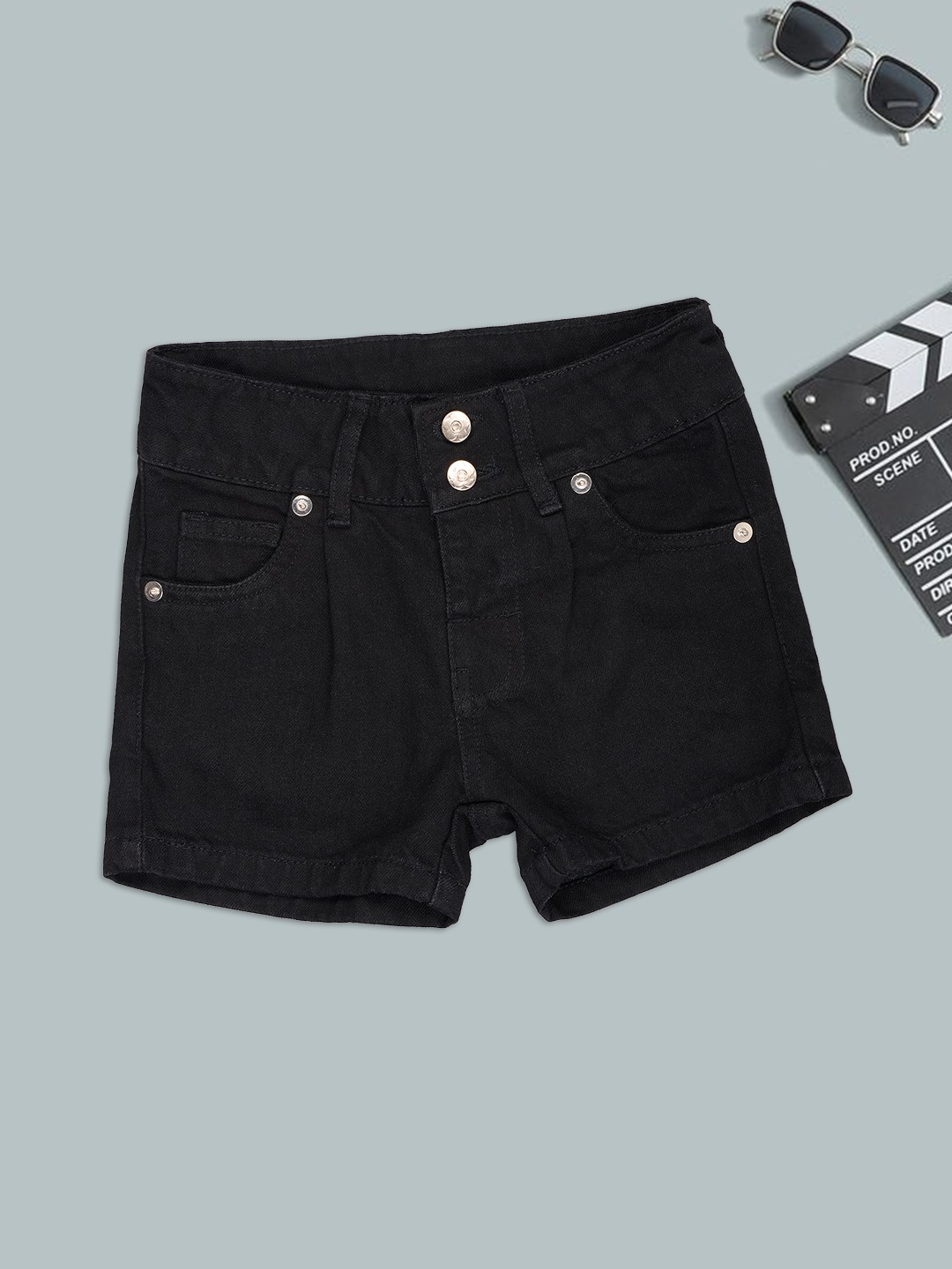 Black Washed Double Button Denim Shorts