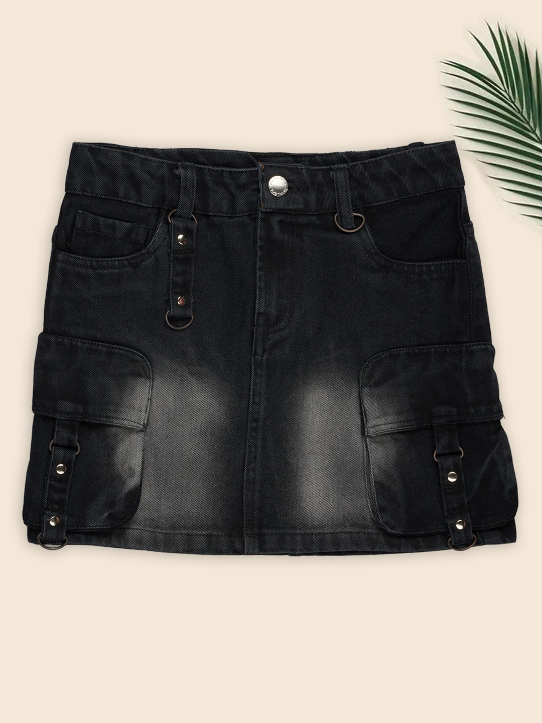 Black Faded Denim A-Line Skirt