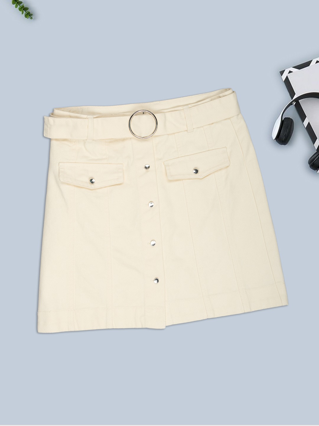 Cream Belted A-Line Skirt